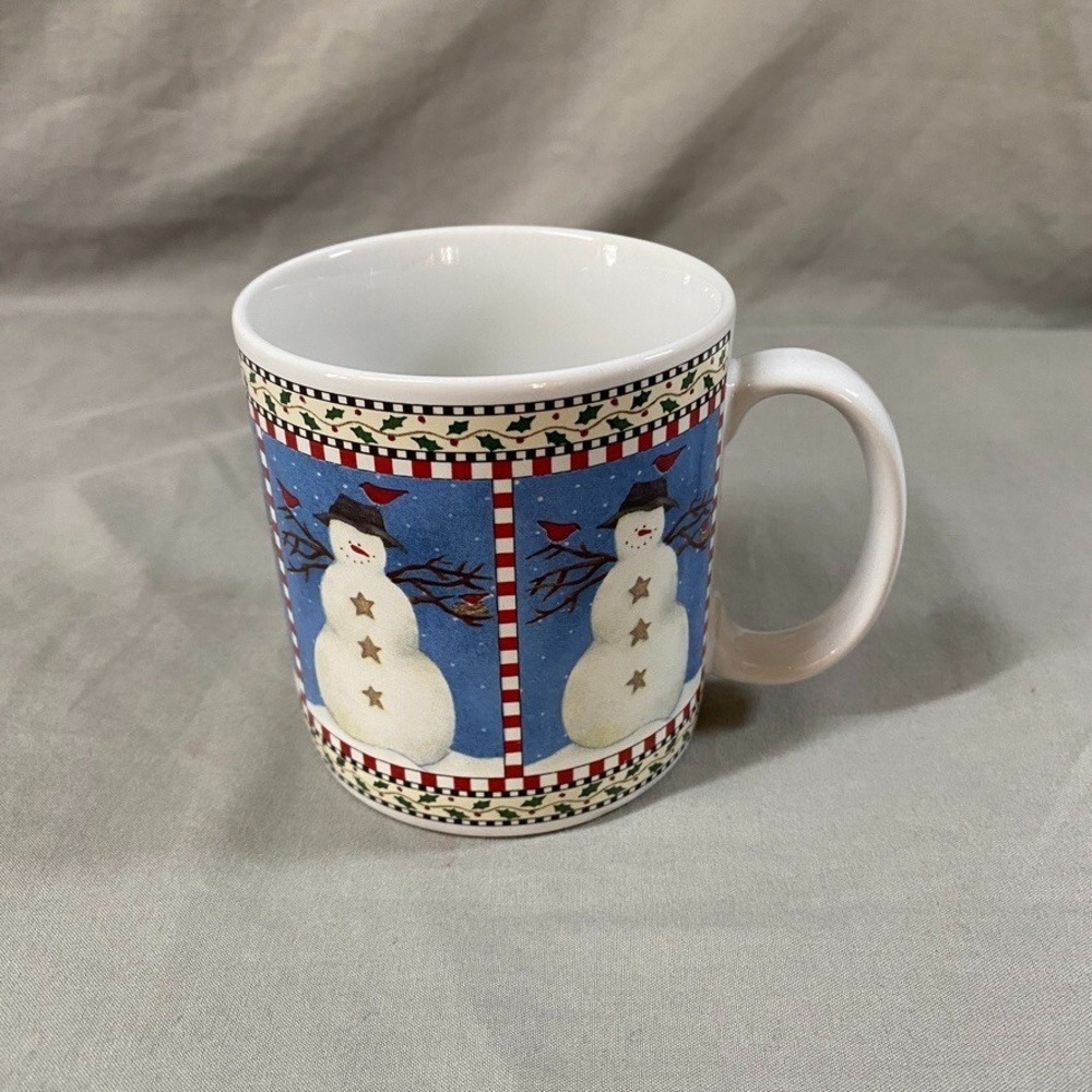 Sakura Debbie Mumm 1997 Snowman w Cardinals Stoneware Coffee‎ Mug Y2K
